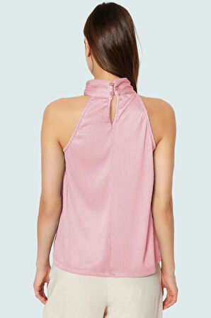 Pilise Örme Bluz Halter Yaka Regular Kalıp Yazlık İş Elbisesi Uzun Ömürlü Konforlu Kesim