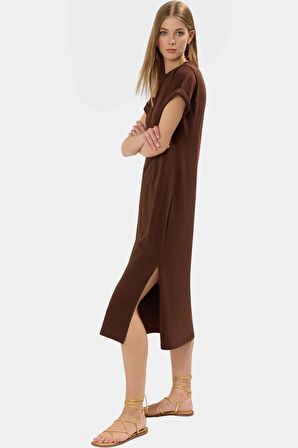 Rahat Kesim Midi Boy Örme Pamuklu T shirt Elbise Günlük Kullanım Kaliteli İşçilik Premium Kalite