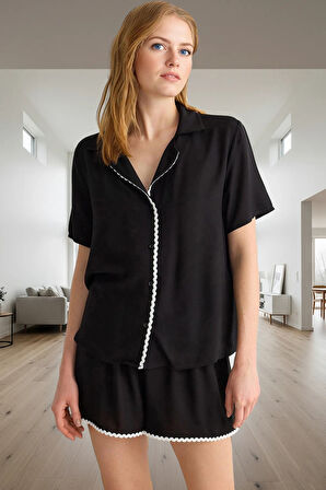 Kadın Viskon Pijama Takımı Şerit Detaylı Rahat Yazlık Kullanım Ve Şık