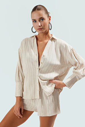 Balon Kollu Pamuk Polyester Keten Karışımlı Plaj Gömlek Şort Takım Profesyonel Görünüm