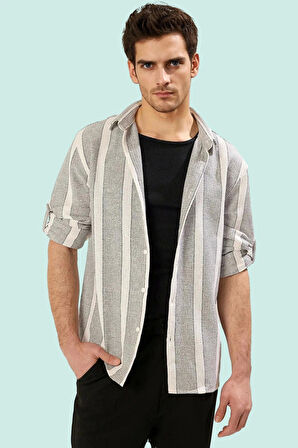 Erkek Çizgili Apaş Yaka Kısa Kollu Etamine Gömlek Rahat Günlük Yaz Hafta Sonu Modern Tasarım