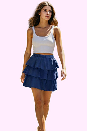 Kadın Mini Boy Eteği Fırfır Detaylı Beli Lastikli Dokuma Etek Yaz Aylarının Vazgeçilmezi Hafta Sonu