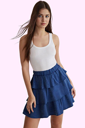 Kadın Mini Boy Eteği Fırfır Detaylı Beli Lastikli Dokuma Etek Yaz Aylarının Vazgeçilmezi Hafta Sonu