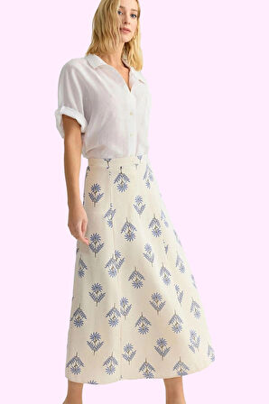 Kadın Çiçek Desenli A Line Midi Etek Keten Karışımlı Rahat Günlük Yaz Stilin Buluştuğu Yer