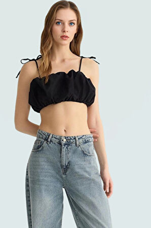 Büzgülü Askılı Crop Bluz Rahat Yazlık Dokuma Uzun Ömürlü Trend Tasarım Yüksek Kalite