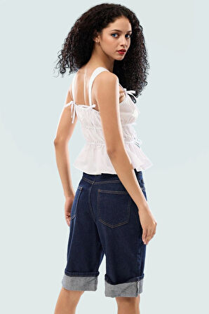 Kare Yaka Askılı Büzgülü Bluz Rahat Yazlık Dokuma Pamuk Dayanıklı Malzeme Şık Görünüm