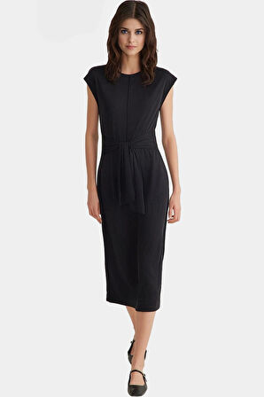 Şık Midi Elbise Modal Polyester Kumaş Kuşaklı Tasarım Rahat Kalıp Günlük Kullanım İçin