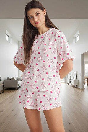 Kadın Pamuklu Pijama Takımı Kurdele Desenli Rahat Yazlık Homewear Şık Görünüm Modern Stil