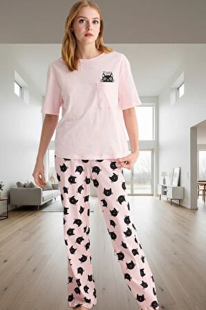 Kadın Pamuklu Kedi Desenli Kısa Kollu Pijama Takımı Mükemmel Uyum Şık Görünüm Rahat Kullanım