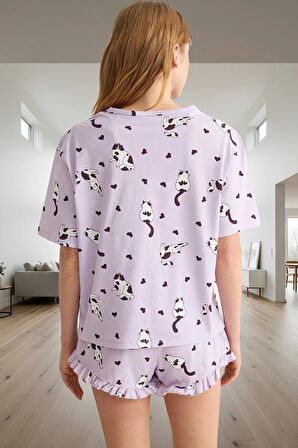 Kadın Kedi Desenli Pamuklu Fırfırlı Pijama Takımı Rahat Ev Giyim Özenle Seçilmiş Profesyonel Görünüm