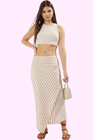 Kadın Midi Boy Sarong Etek Keten Görünümlü Çizgili Pamuklu Yazlık Günlük Dayanıklı Malzeme