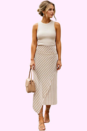 Kadın Midi Boy Sarong Etek Keten Görünümlü Çizgili Pamuklu Yazlık Günlük Dayanıklı Malzeme