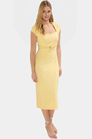 Zarif Kemerli Midi Elbise Dokuma Kumaştan İş Ve Günlük Kullanım İçin Mükemmel Uyum Yüksek Kalite