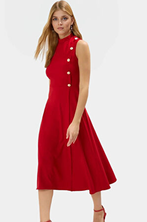 Yazlık Midi Dokuma Elbise Belden Etekli Ofis Şıklığı Premium Kalite Yüksek