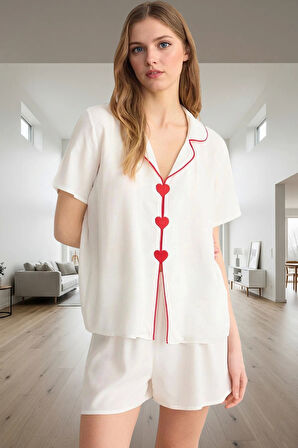 Kadın Viskoz Pijama Takımı Kalpli Detaylar İle Rahat Uyku Konforlu Kesim Kullanım Özel Tasarım