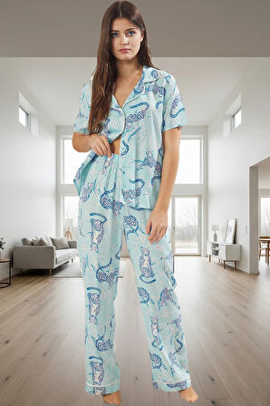 Kadın Hayvan Desenli Viskon Pijama Takımı Rahat Ev Giyim Seti Modern Stil Trend Tasarım