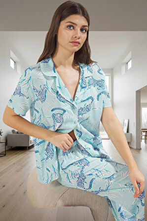 Kadın Hayvan Desenli Viskon Pijama Takımı Rahat Ev Giyim Seti Modern Stil Trend Tasarım