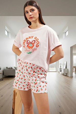 Kadın Kısa Kollu Bisiklet Yaka Pamuklu Pijama Takımı Yazlık Regular Kalıp Dayanıklı Malzeme