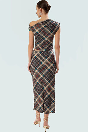 Asimetrik Yaka Kısa Kollu Örme Ekose Takım Elbise 97 Polyester 3 Elastan Günlük Stil Yüksek Kalite