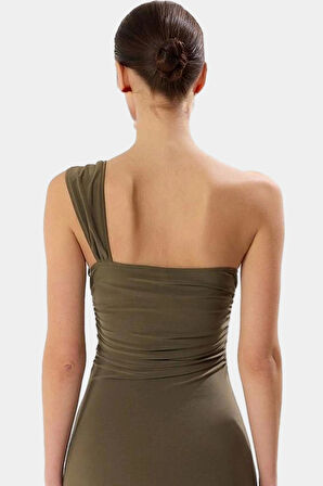 Şık Tek Omuz Midi Elbise 96% Polyester 4% Elastan Kumaştan Profesyonel Görünüm Dayanıklı Malzeme