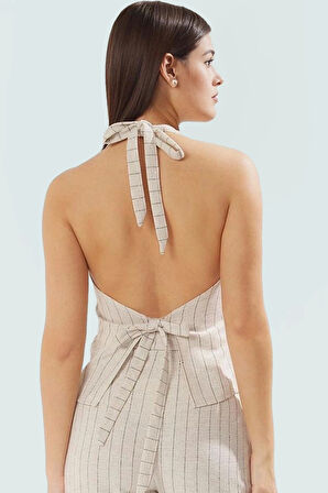 Şık Çizgili Keten Görünümlü Yelek Pantolon Takım Yazlık Günlük Kombin Konforlu Kesim