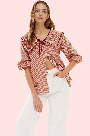 Kadın Gofreli Dokuma Gömlek Ekose Desen Bebe Yaka Uzun Kol Günlük Kombinler Modern Tasarım