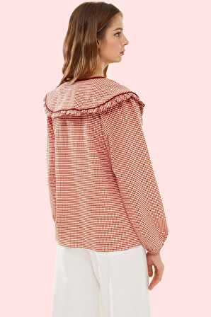 Kadın Gofreli Dokuma Gömlek Ekose Desen Bebe Yaka Uzun Kol Günlük Kombinler Modern Tasarım