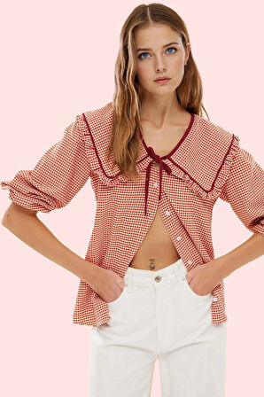 Kadın Gofreli Dokuma Gömlek Ekose Desen Bebe Yaka Uzun Kol Günlük Kombinler Modern Tasarım