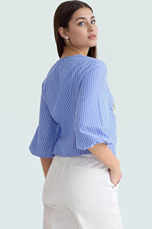 Çizgili Fitted Terrycotton Bluz Kısa Kol Yazlık Günlük Konforlu Kesim Zarifane Tasarım