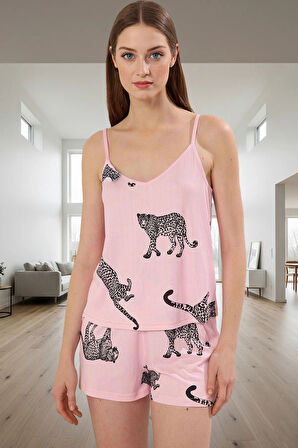 Kadın Hayvan Desenli İnce Askılı Pijama Takımı Rahat Örme Kumaştan Özel Tasarım