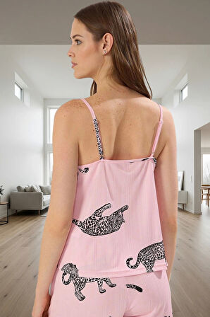 Kadın Hayvan Desenli İnce Askılı Pijama Takımı Rahat Örme Kumaştan Özel Tasarım