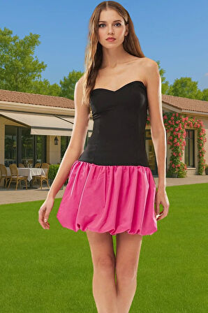 Şık Kısa Abiye Elbise Balon Etek Detaylı Straplez Yazlık Premium Kalite Konforlu Kesim