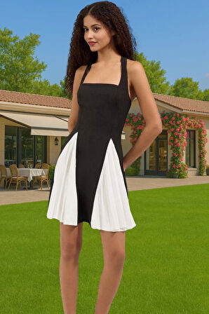 Siyah Beyaz A Kesim Dokuma Kısa Abiye Elbise Mezuniyet Balo Dayanıklı Malzeme Trend Tasarım