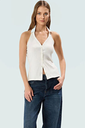 Polo Yaka Fermuarlı Kolsuz Fitted Örme Bluz Yazlık Günlük Premium Kalite Özel Tasarım