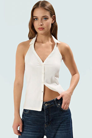 Polo Yaka Fermuarlı Kolsuz Fitted Örme Bluz Yazlık Günlük Premium Kalite Özel Tasarım