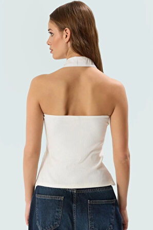 Polo Yaka Fermuarlı Kolsuz Fitted Örme Bluz Yazlık Günlük Premium Kalite Özel Tasarım