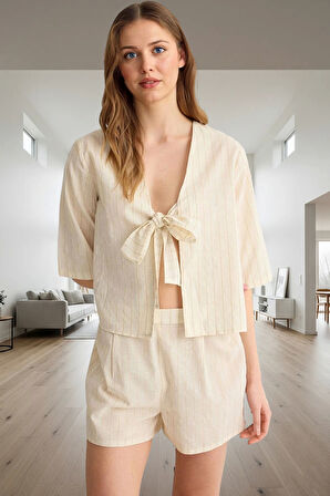 Kadın Çizgili Pamuklu Pijama Takımı Şal Yaka Bağlamalı Yazlık Özenle Seçilmiş Şık Görünüm