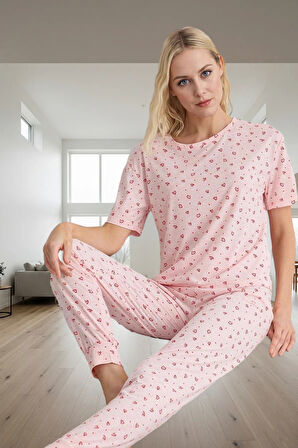 Kadın Kalp Desenli Örme Pijama Takımı Rahat Kalıp Yumuşak Dokuma Trend Tasarım Günlük Kullanım İçin