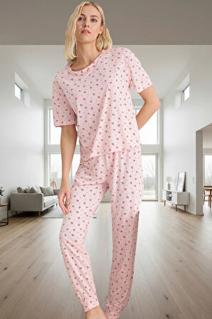 Kadın Kalp Desenli Örme Pijama Takımı Rahat Kalıp Yumuşak Dokuma Trend Tasarım Günlük Kullanım İçin