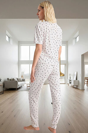 Kadın Kalp Desenli Örme Pijama Takımı Rahat Kalıp Yumuşak Dokuma Trend Tasarım Günlük Kullanım İçin