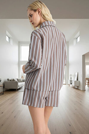 Kadın Rahat Viskoz Pijama Takımı Çizgili Desenli Crinkle Dokuma Kaliteli İşçilik