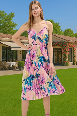 Pileli Midi Elbise Polyester Örme Yazlık Günlük Şık Özenle Seçilmiş Modern Stil Zarifane Tasarım