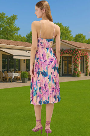 Pileli Midi Elbise Polyester Örme Yazlık Günlük Şık Özenle Seçilmiş Modern Stil Zarifane Tasarım