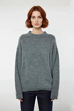 Kadın Oversize Triko Kazak Düşük Kol Bisiklet Yaka Basic Kışlık Günlük Rahat Şık Tasarım Kaliteli