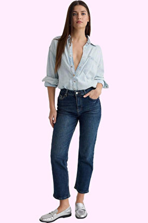 Kadın Yüksek Bel Straight Jean Uzun Boy Denim Günlük Stil Hafta Sonu Yaz Aylarının Vazgeçilmezi