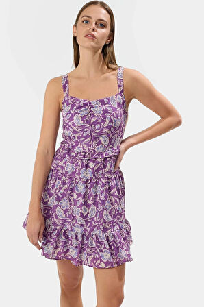 Yazlık Çiçekli A Kesim Mini Elbise  Polyester Dokuma Kumaş Seçkin Malzeme Trend Tasarım