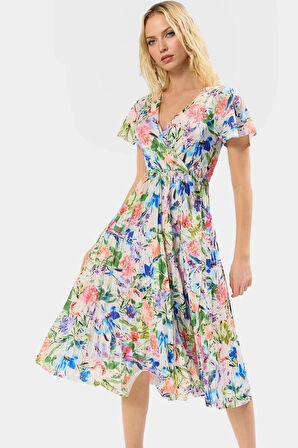 Çiçekli Desenli Midi Boy Piliseli Elbise 95% Polyester Rahat Günlük Stil Yüksek Kalite