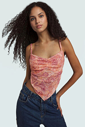 Baskılı Asimetrik Tül Örme Bluz Yazlık Günlük Tarz Rahat Kullanım Trend Tasarım