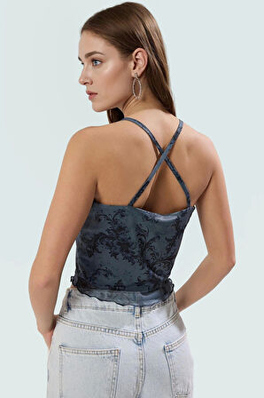 Kadın Çiçekli Desenli Fitted Crop Bluz Astarlı Tül Örme Dayanıklı Malzeme Günlük Kullanım İçin