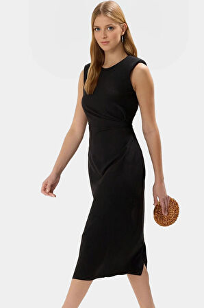 Zarif Midi Elbise Dokuma Kumaştan A line Kesim Yazlık Zarifane Tasarım Dayanıklı Malzeme